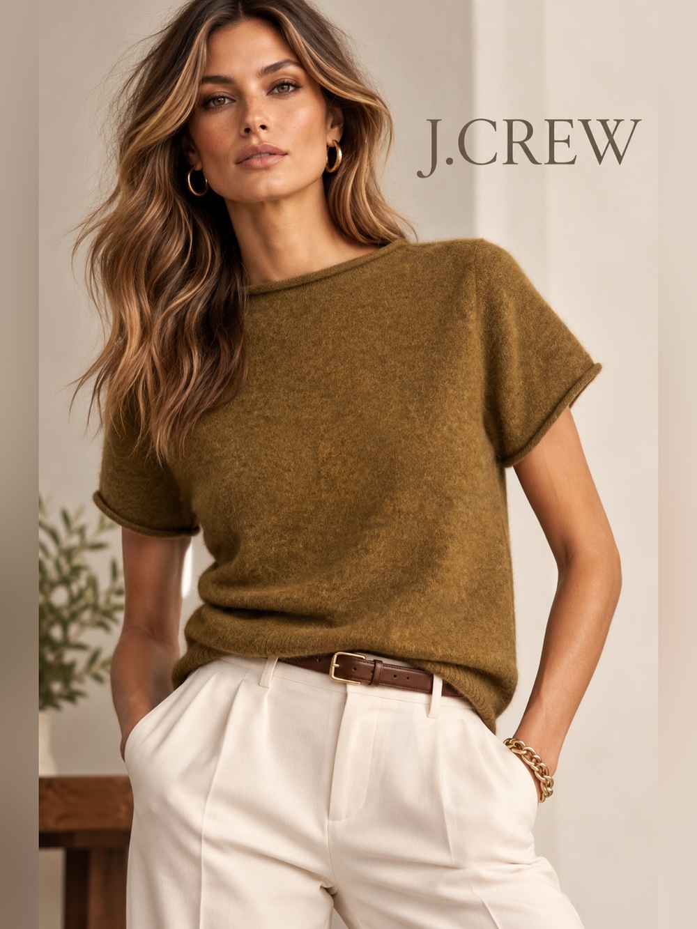 J. Crew Short-Sleeve Crewneck rolled Neck Cashmere Sweater in Olive Green M